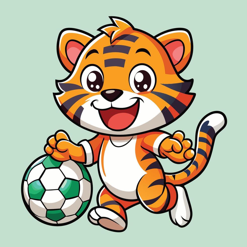 Playful Tiger Cub Holds a Stick in an Adorable Cartoon Sticker vector