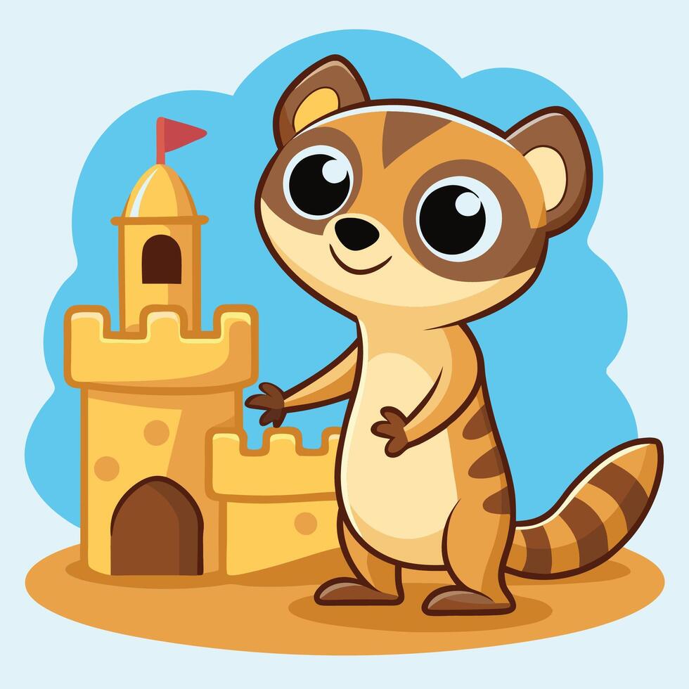 Playful Meerkat Building a Sandcastle in a Cartoon Sticker vector