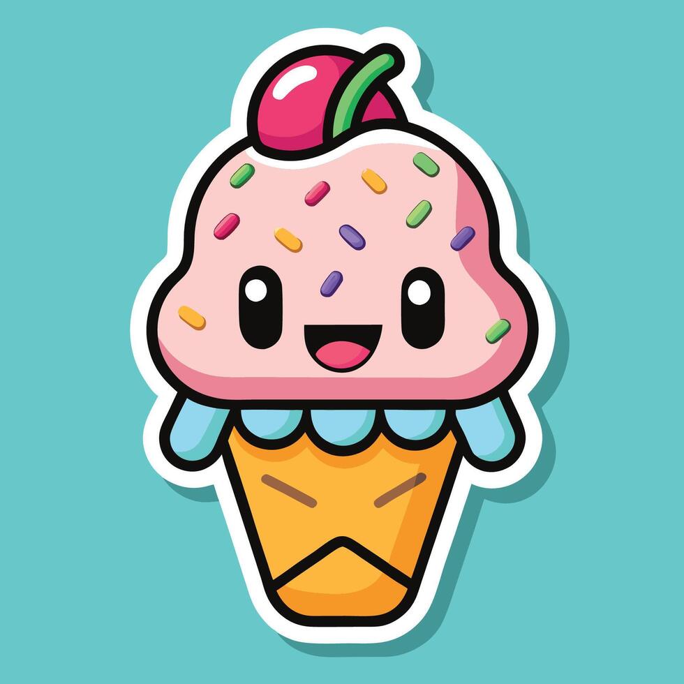Charming Cartoon Ice Cream Cone Sticker with a Cheerful Smile vector
