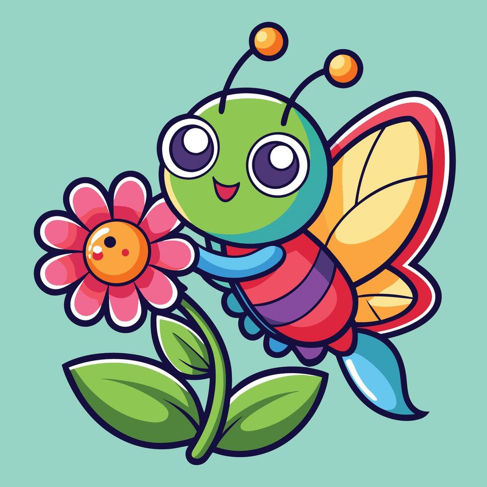 Adorable Butterfly Sipping Nectar from a Delicate Flower in Cartoon Style vector
