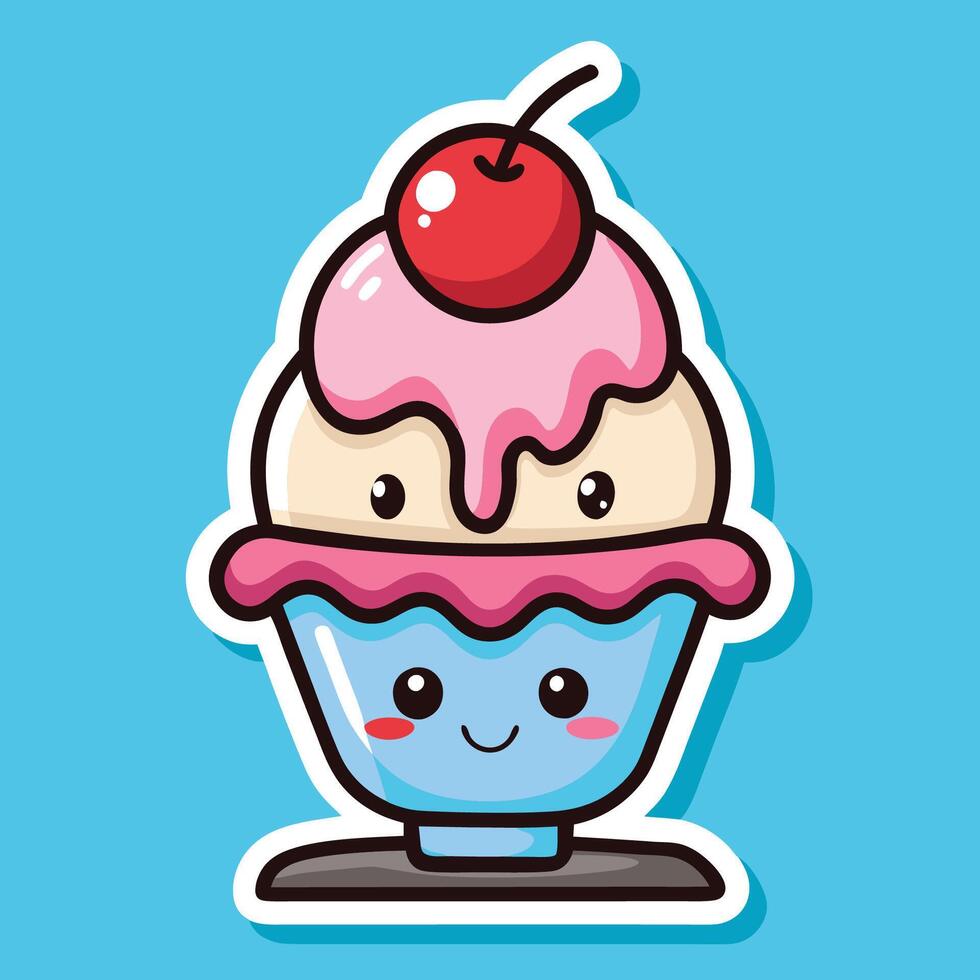 Delightful Cartoon Ice Cream Sundae Sticker with Triple Topping vector