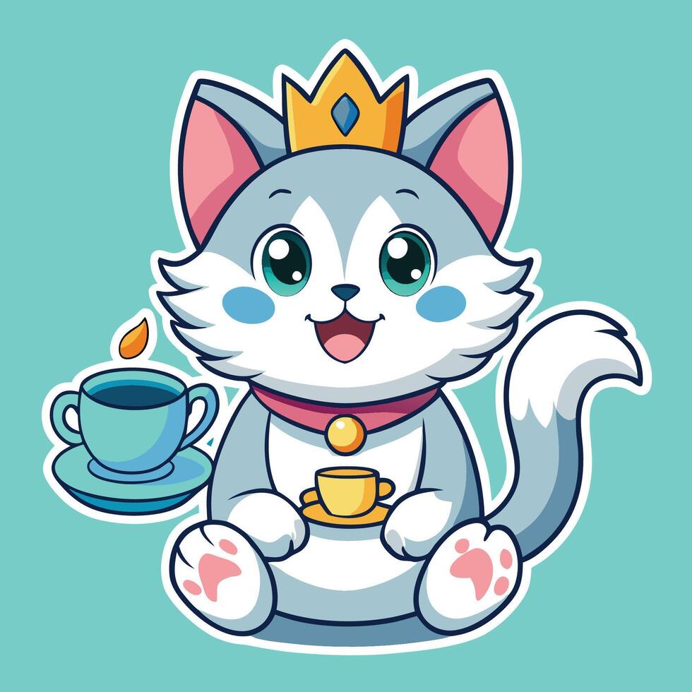 Playful Kitten in a Tiara Radiates Joy in Cartoon Sticker vector