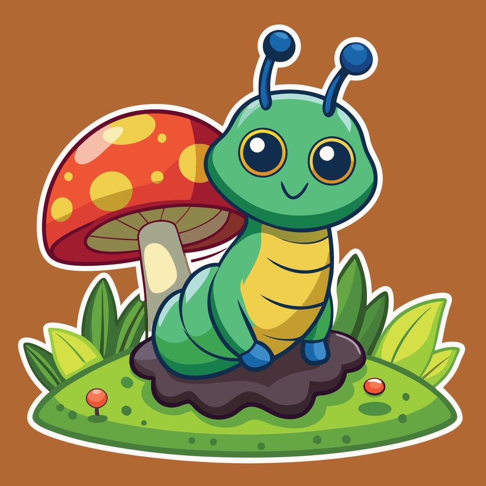 Cartoonish Caterpillar Comfortably Seated on a Purple Toadstool with a Big Smile vector