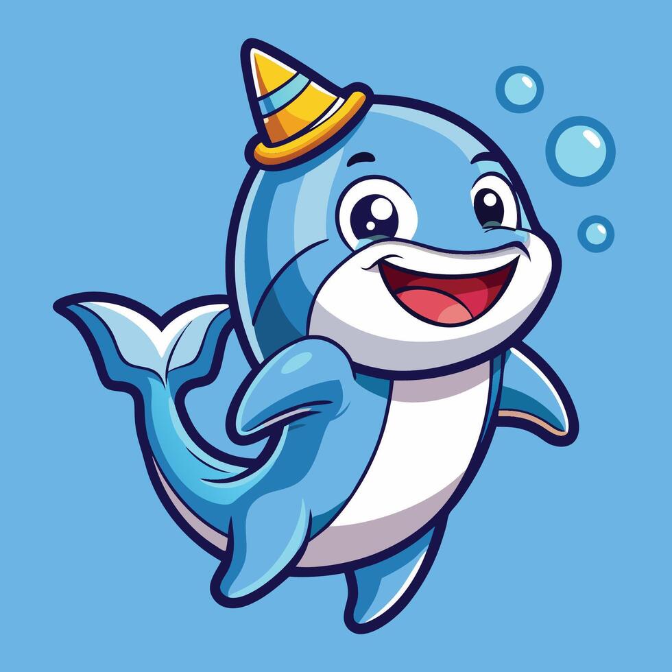Joyful Dolphin Sticker with a Birthday Hat and Balloons vector