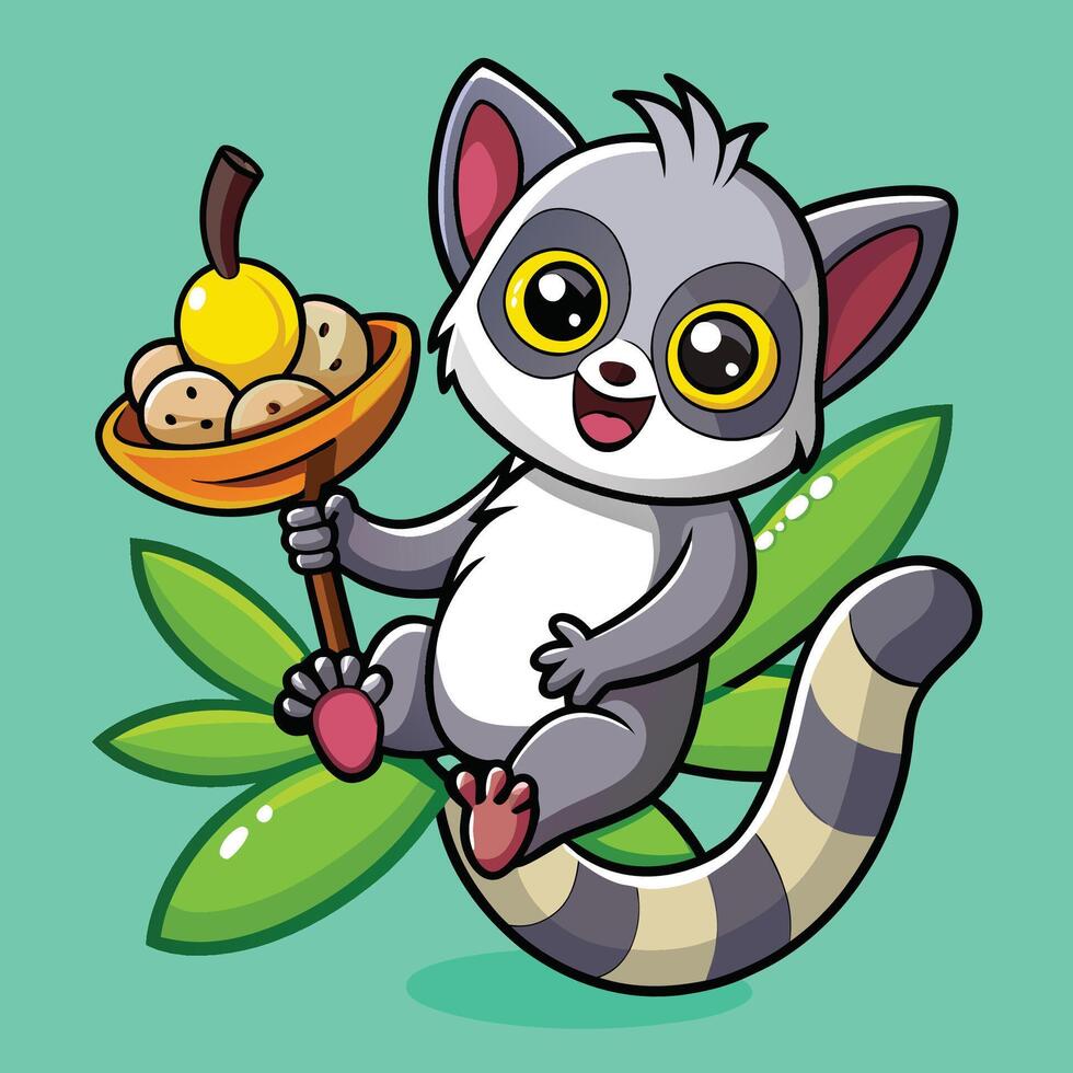 Playful Lemur Swings Joyfully on Vibrant Vines in Animated Cartoon Sticker vector
