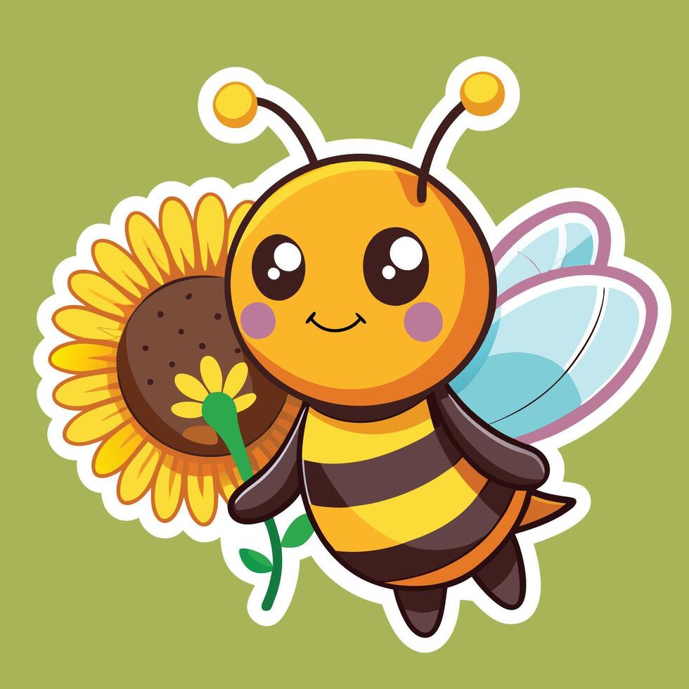 Cute Cartoon Sticker of a Tiny Winged Bee Holding a Honeycomb vector