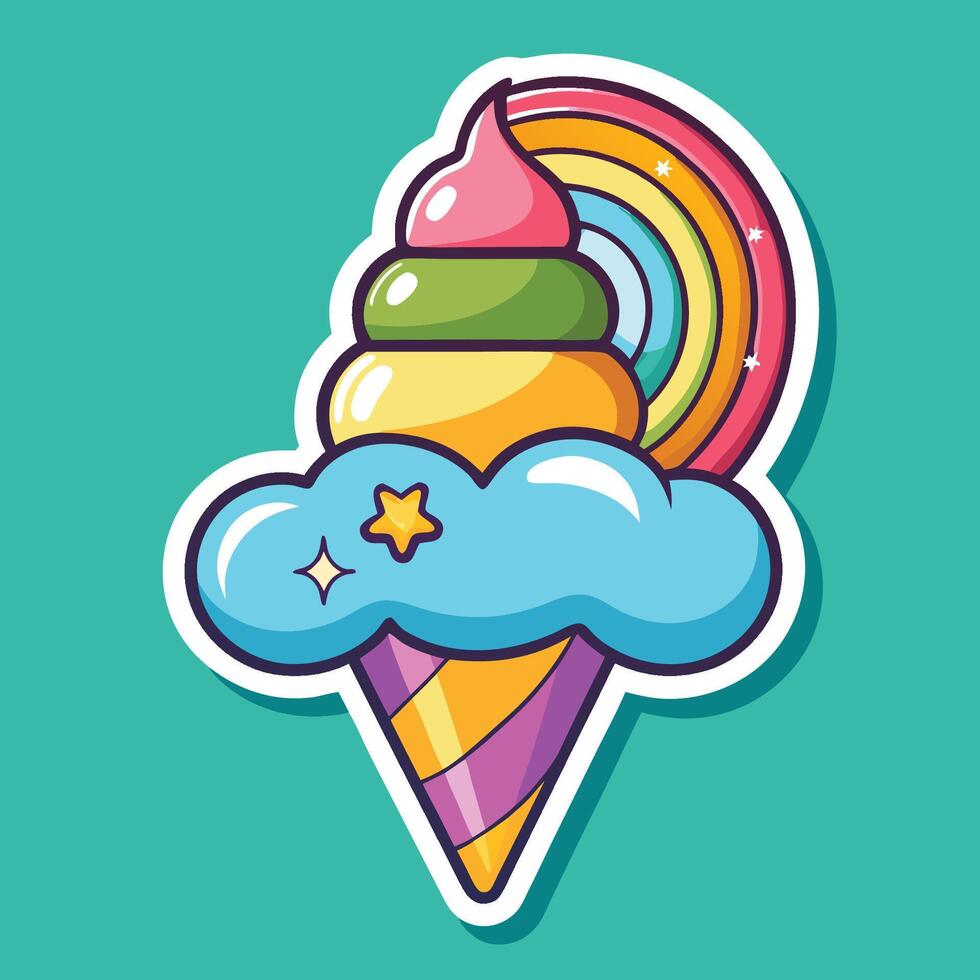 Delightful Cartoon Sticker Depicting a Rainbow Adorned Ice Cream Cone vector