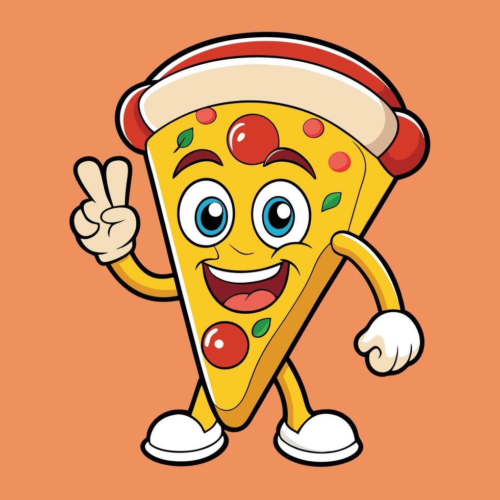 Amusing Cartoon Sticker Depicting a Smiling Pizza Slice Spreading Peace vector