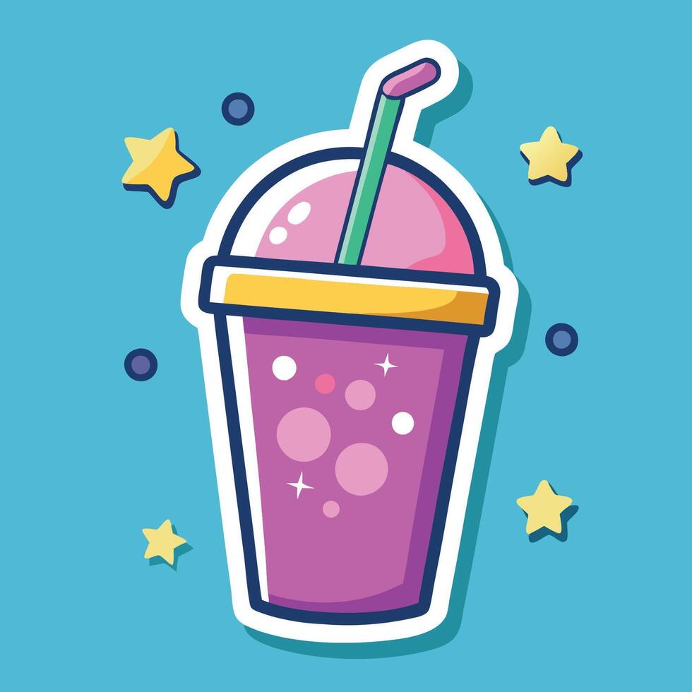Vibrant Cartoon Sticker A Sparkling Smoothie Cup Adorned with Celestial Stars vector