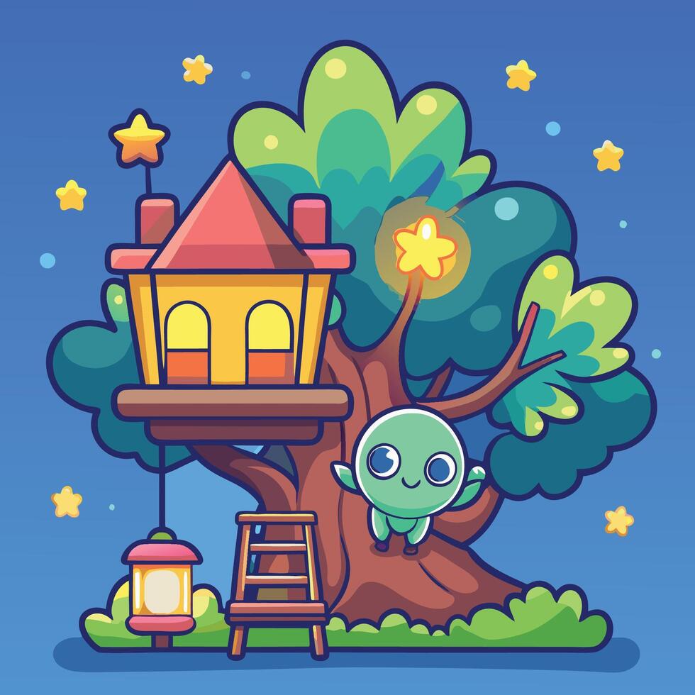 Cartoon Firefly Illuminating a Tranquil Treehouse at Night vector