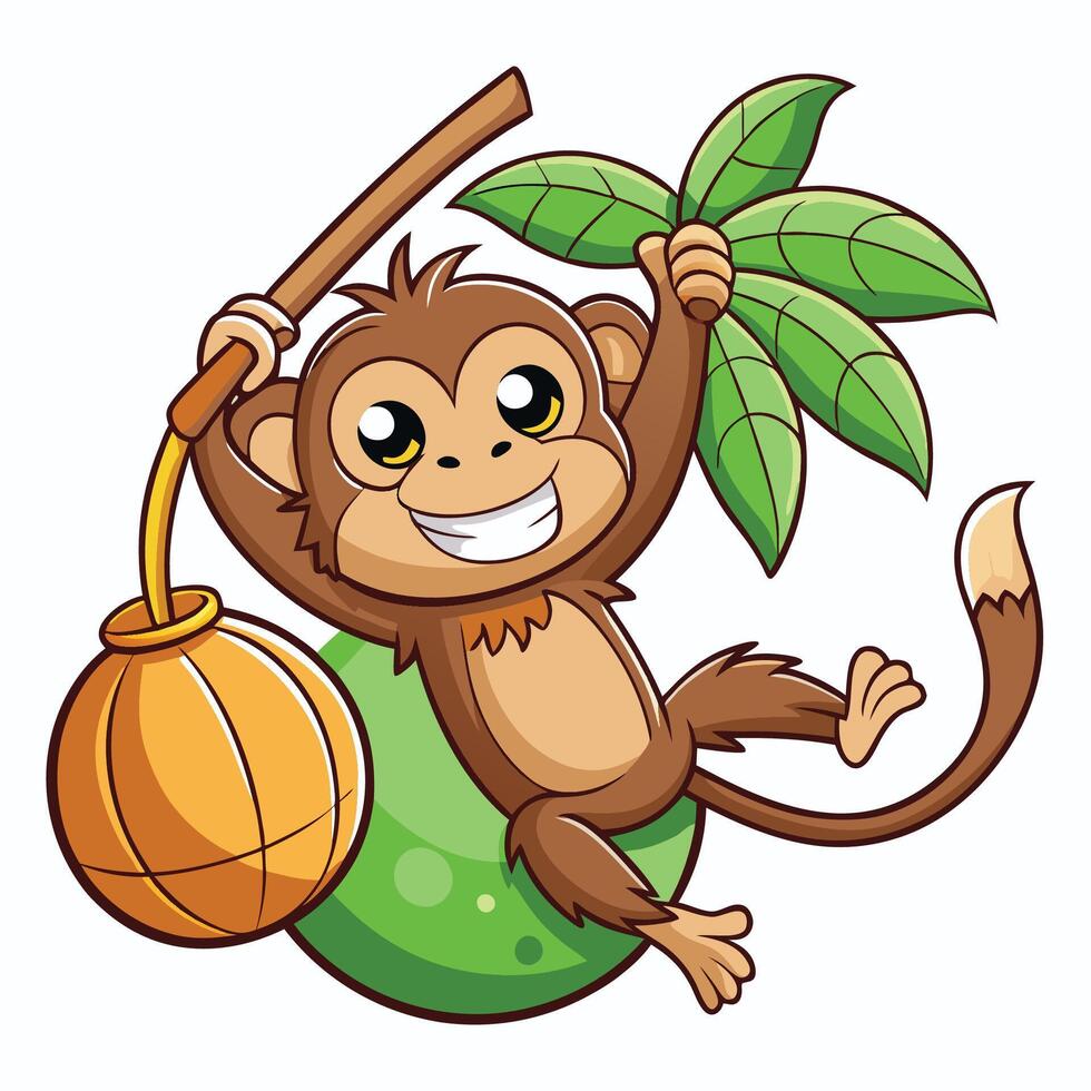 Cartoon Monkey Swinging with Exuberant Delight on a Vine vector