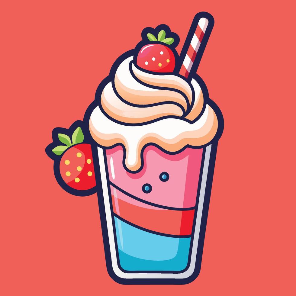 Cartoon Strawberry Milkshake Sticker with Whipped Cream and Straw vector