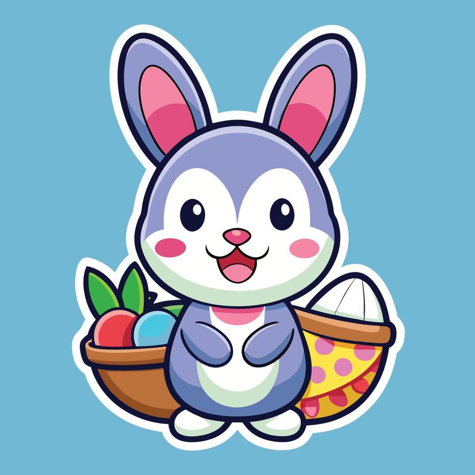 Cute Bunny Cartoon Character Holding a Basket Filled with Easter Eggs vector