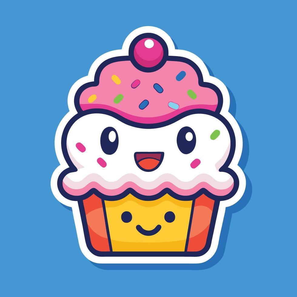 Cartoon Sticker of a Joyful Cupcake with Vibrant Sprinkles vector