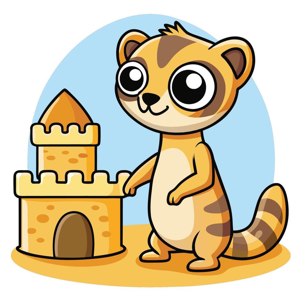 Playful Meerkat Constructing a Sand Castle in Cartoon Style vector