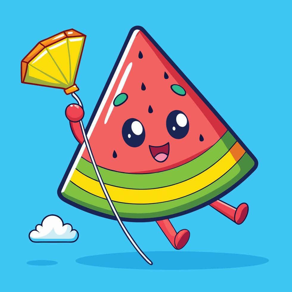 Cartoon Watermelon Slice Soaring through the Sky with a Kite vector