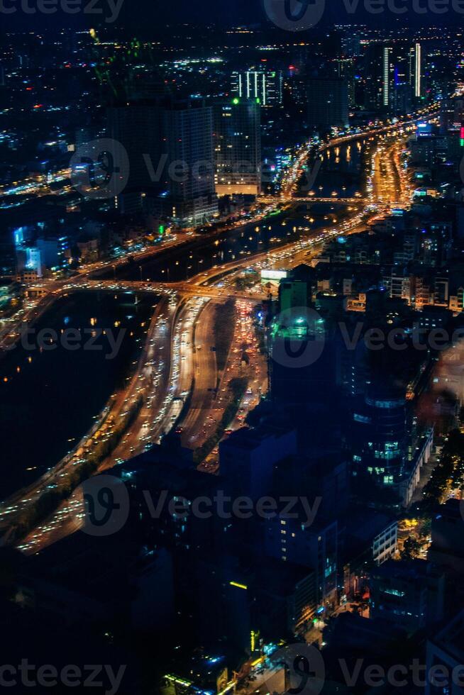 Aerial view of Hanoi skyline cityscape at night in Cau Giay district photo