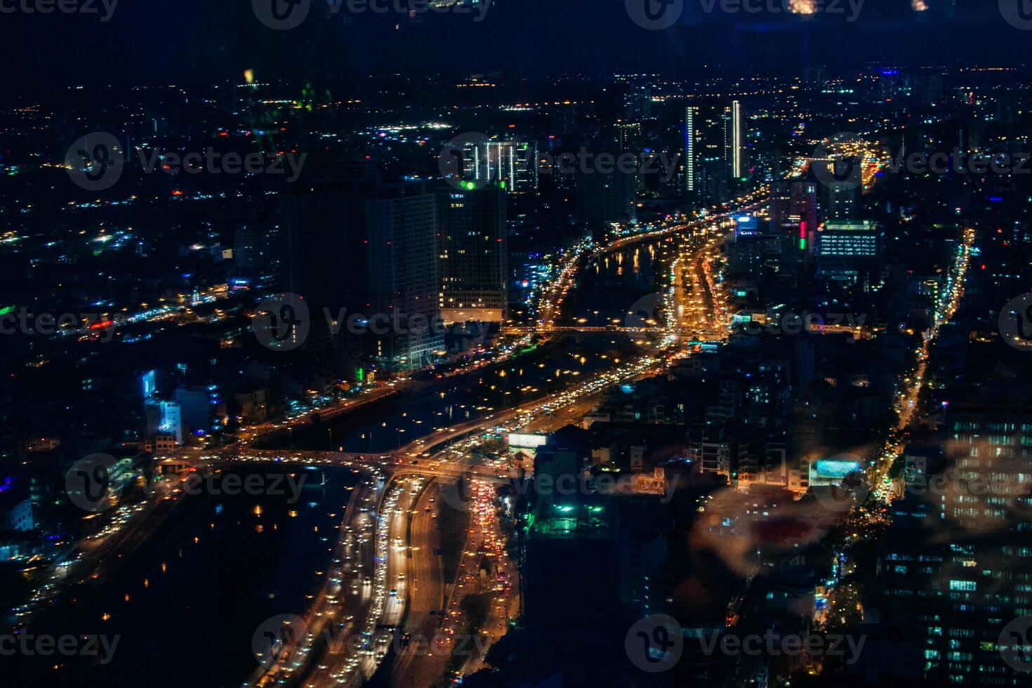 Aerial view of Hanoi skyline cityscape at night in Cau Giay district photo
