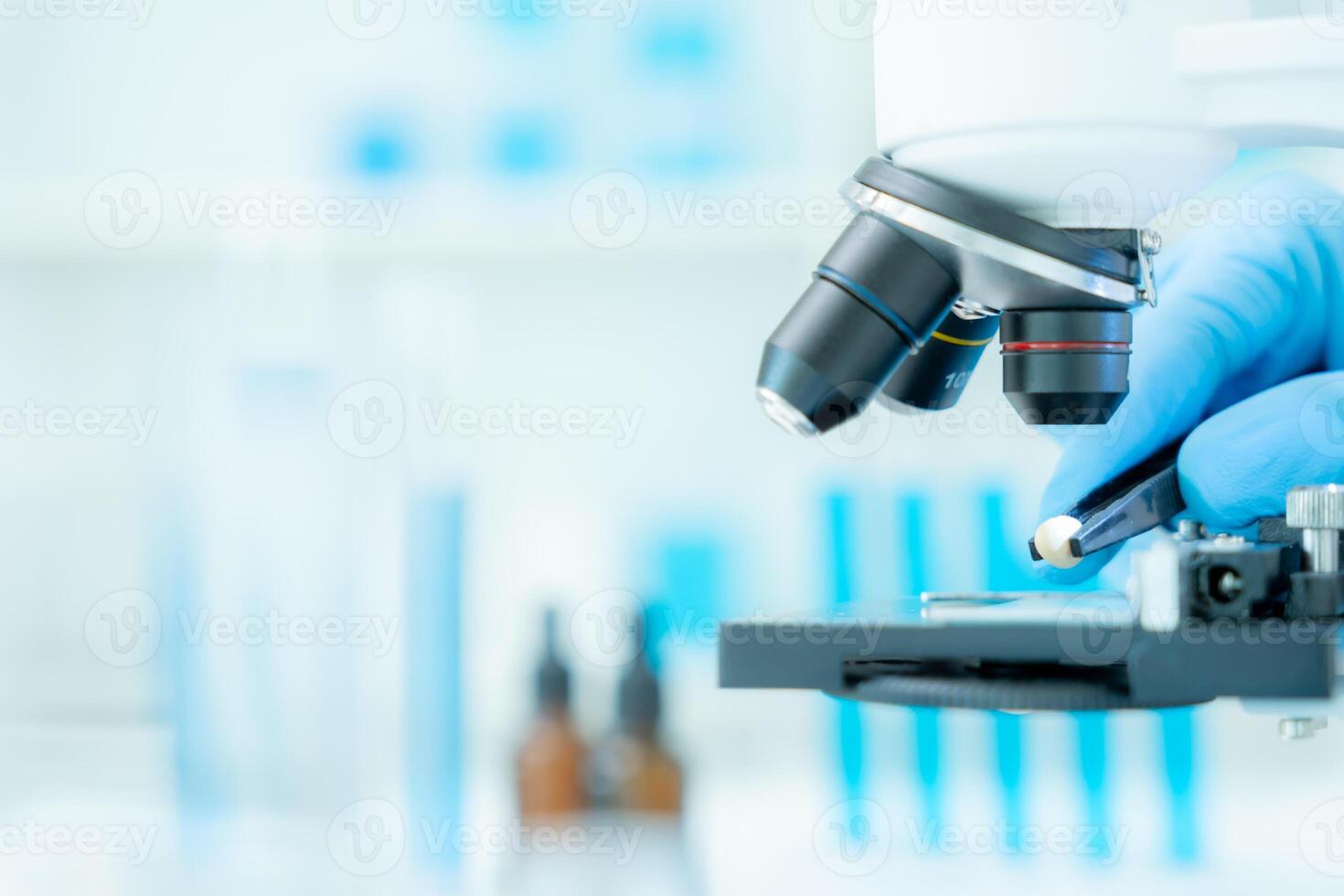 Scientist analyze biochemical samples in advanced scientific laboratory. Medical professional use microscope look microbiological developmental of viral. Biotechnology research in science lab. photo
