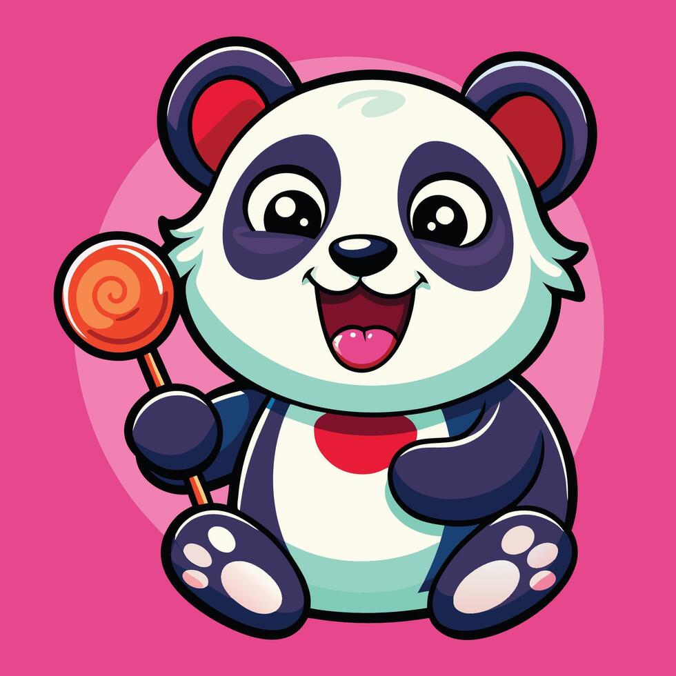 Cartoon Sticker of an Adorable Panda Holding a Lollipop with a Happy Expression vector