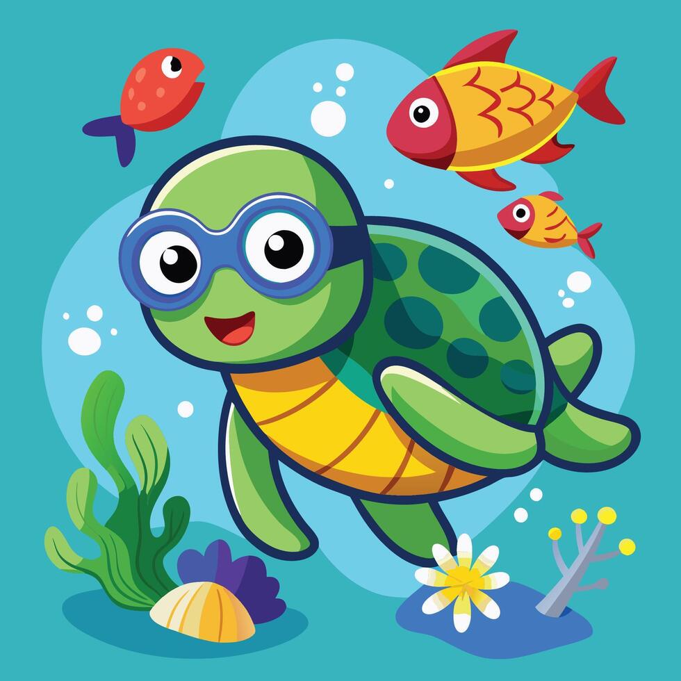 Playful Turtle Cartoon Sticker with Snorkel for Underwater Exploration vector