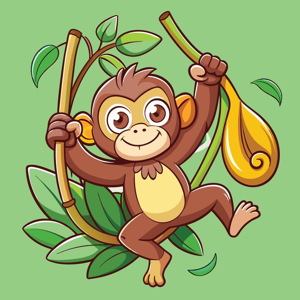 Playful Monkey Swings Merrily on a Cartoon Sticker vector