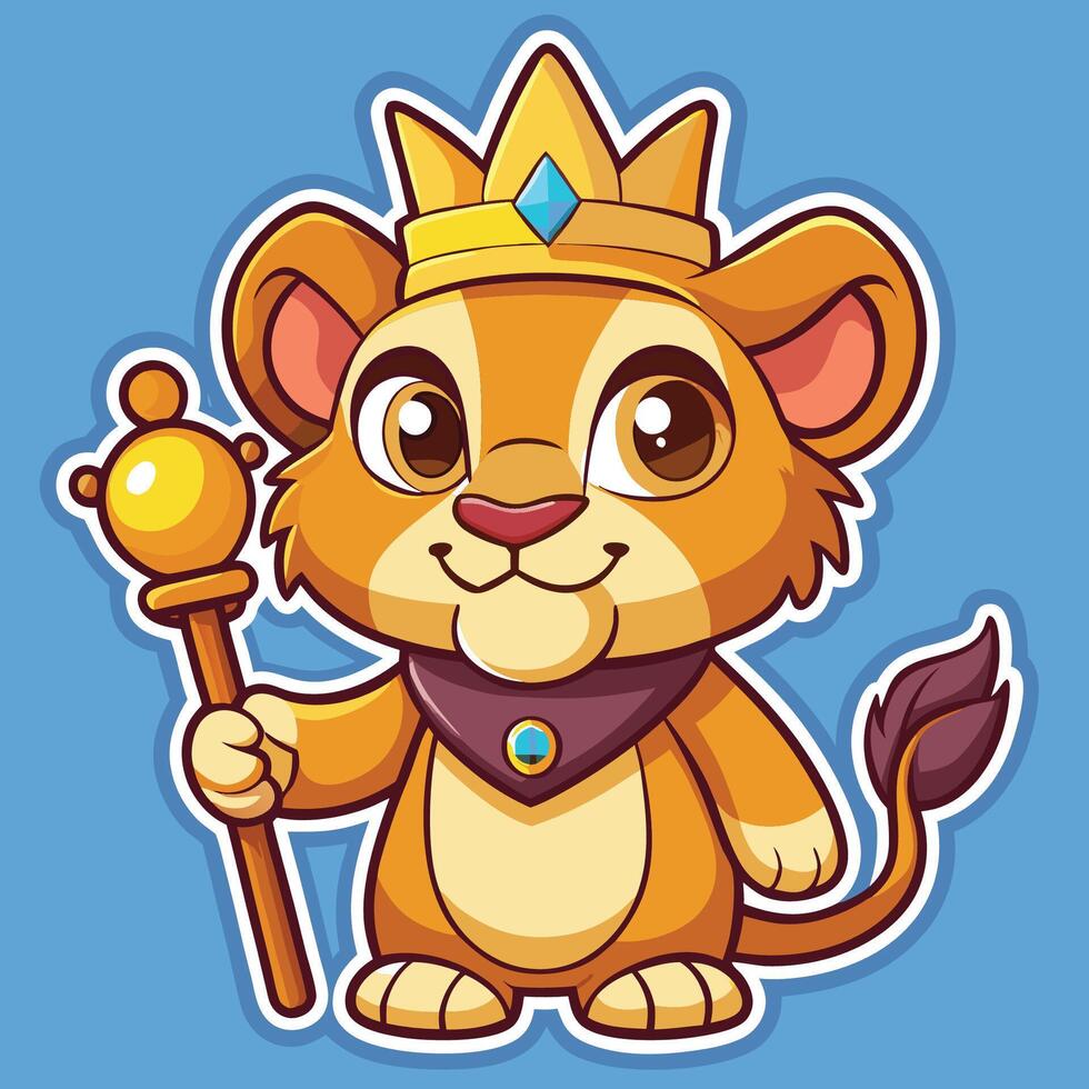 Adorable Cartoon Sticker of a Playful Lion Cub Wearing a Crown vector