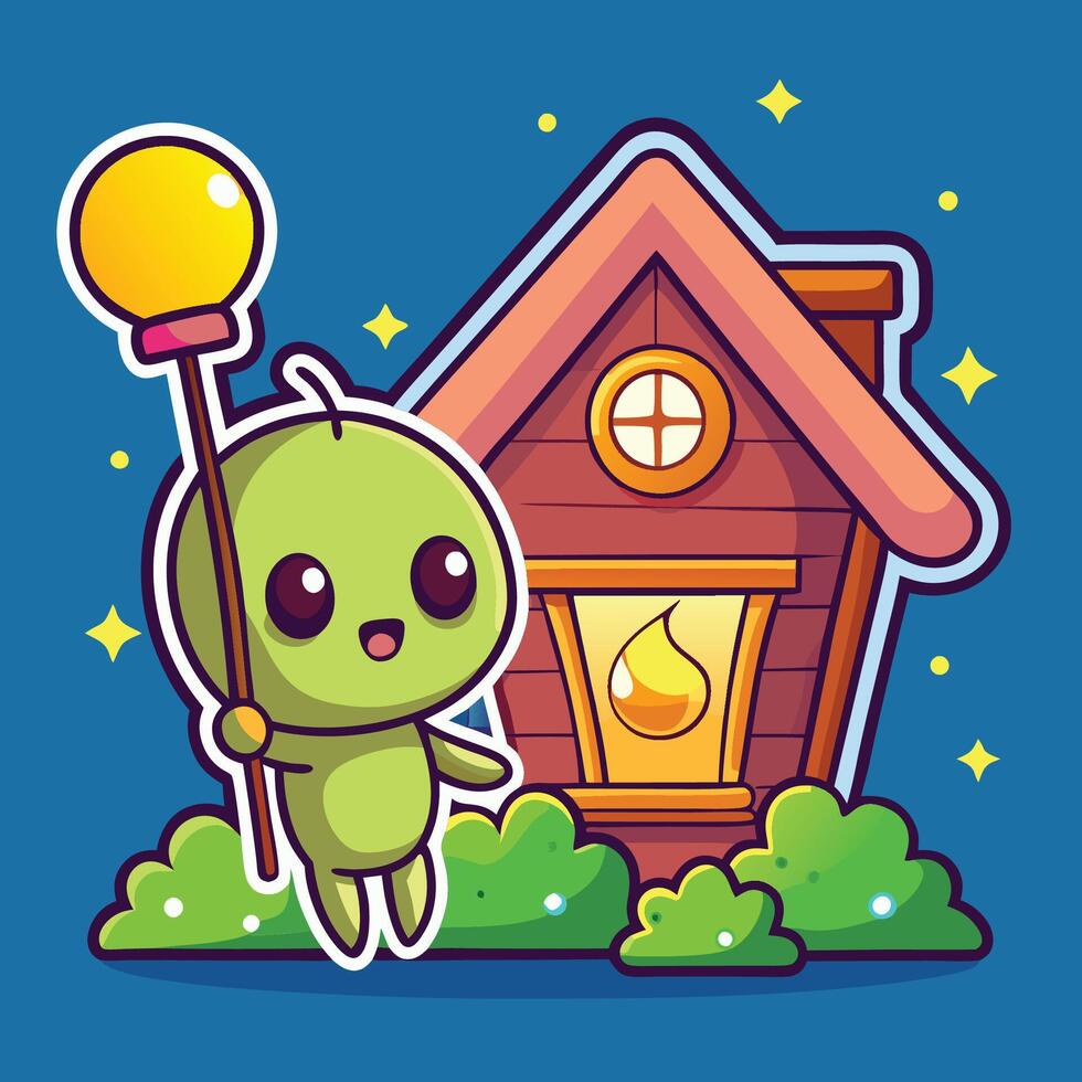 Fireflies Illuminate a Tiny Cartoon House at Night vector