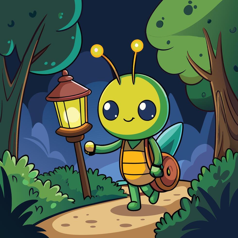 Cartoon Firefly Illuminating a Dark Forest with Magical Glow vector