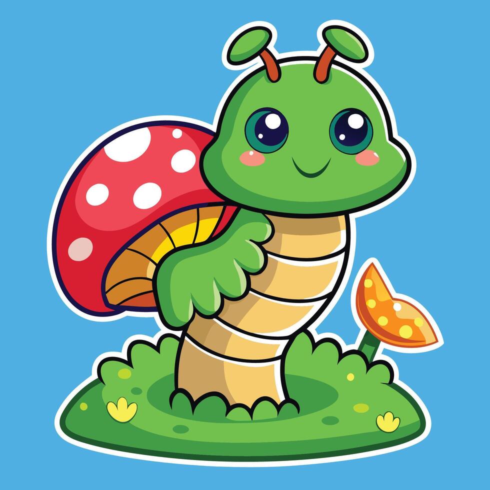 Cartoon Caterpillar Sitting Content on a Toadstool with Amusement vector