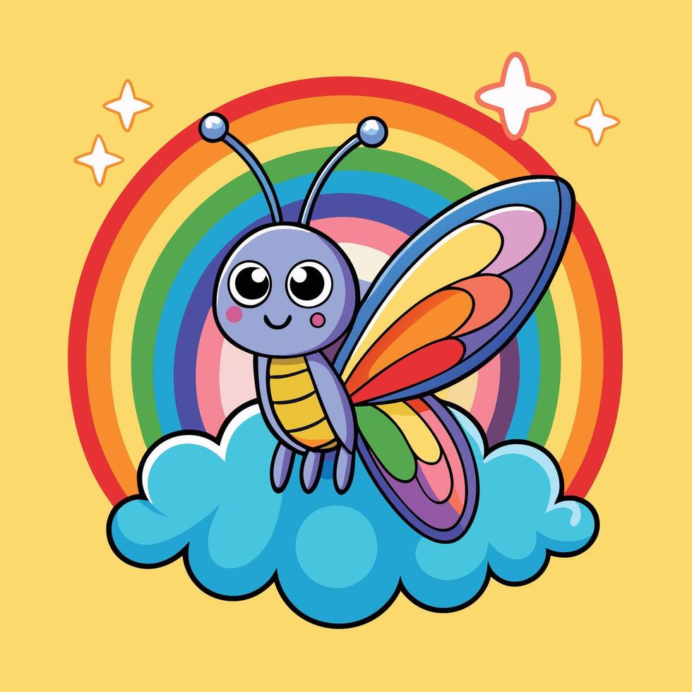 Vibrant Butterfly Perched on a Colorful Rainbow Cartoon Sticker vector