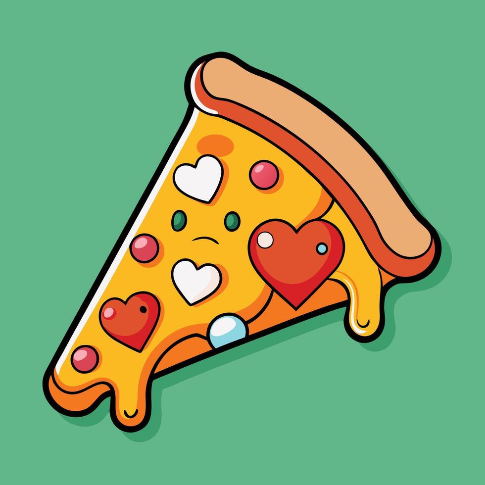 Cute and Quirky Cartoon Pizza Slice Sticker with Tiny Hearts vector