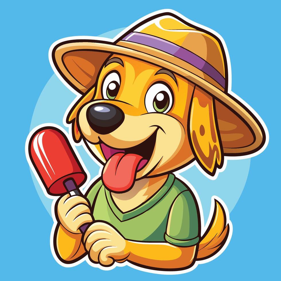 Sun Soaked Canine Companion A Cartoon Sticker of a Smiling Dog Donning a Summery Sunhat vector