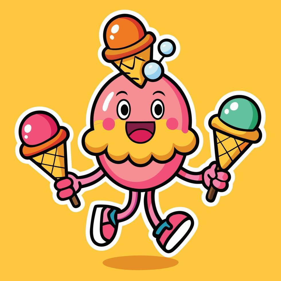 Cartoon Ice Cream Cone Juggling Multiple Scoops with a Joyful Expression vector