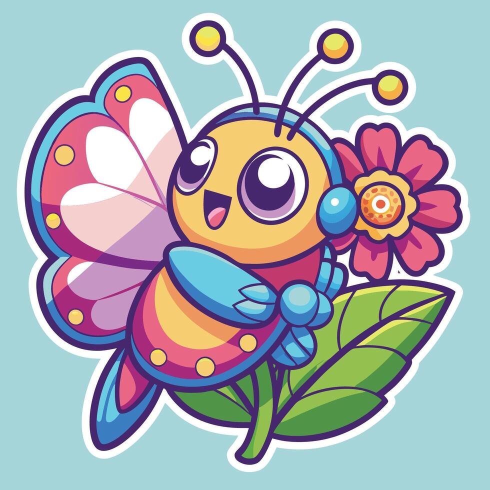 Adorable Cartoon Butterfly Sipping Sweet Nectar from a Flower vector
