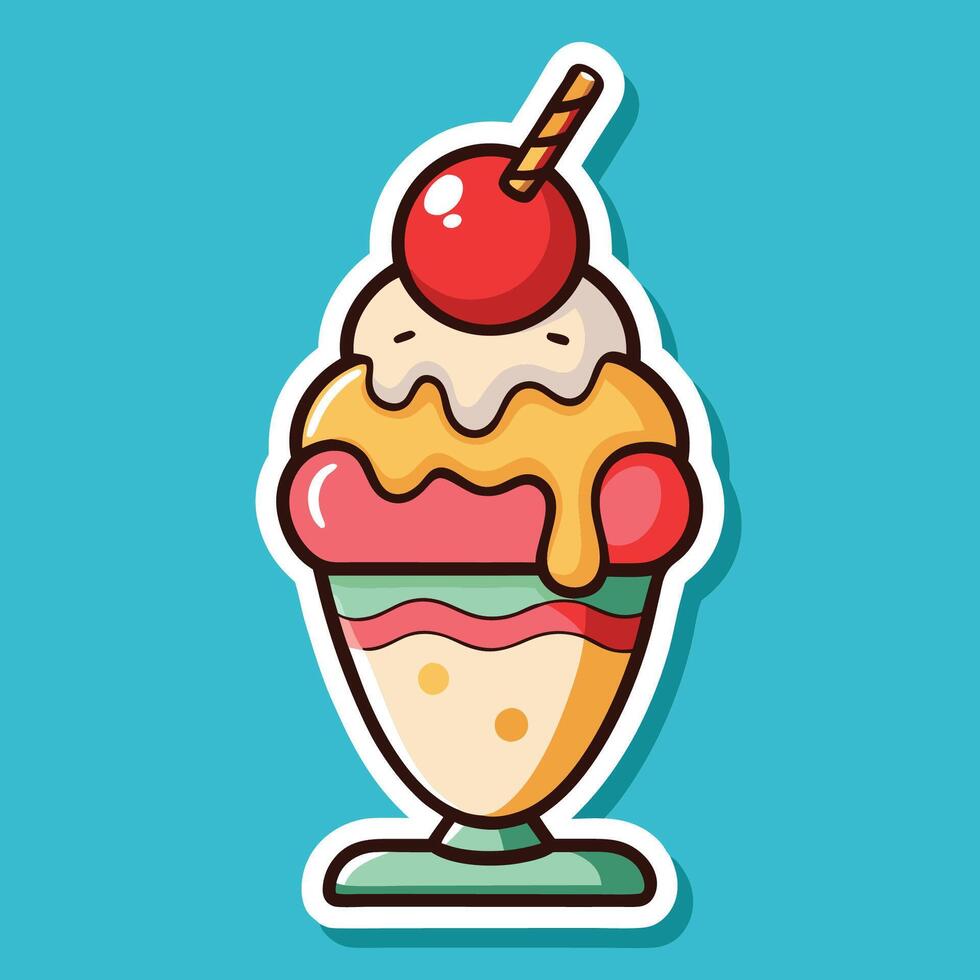 Charming Cartoon Sticker Depicting a Delightful Ice Cream Sundae with Cheery Face vector