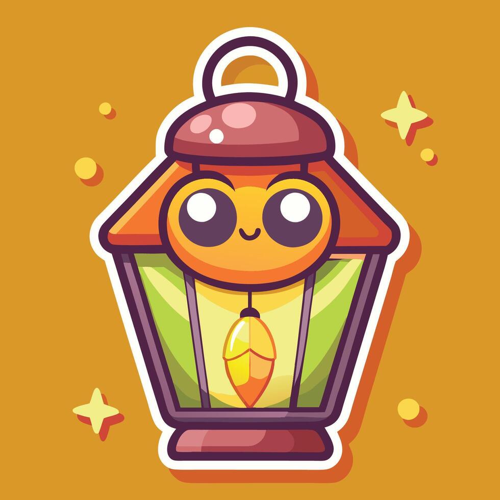 Cartoon Sticker of a Luminescent Firefly Trapped Inside a Glowing Lantern vector