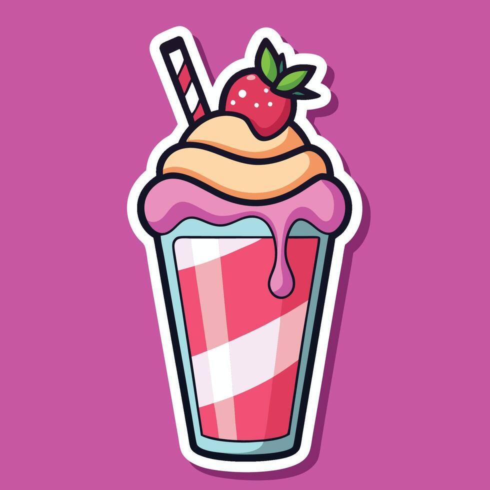 Whimsical Cartoon Sticker of a Strawberry Milkshake with a Whipped Cream Topping vector