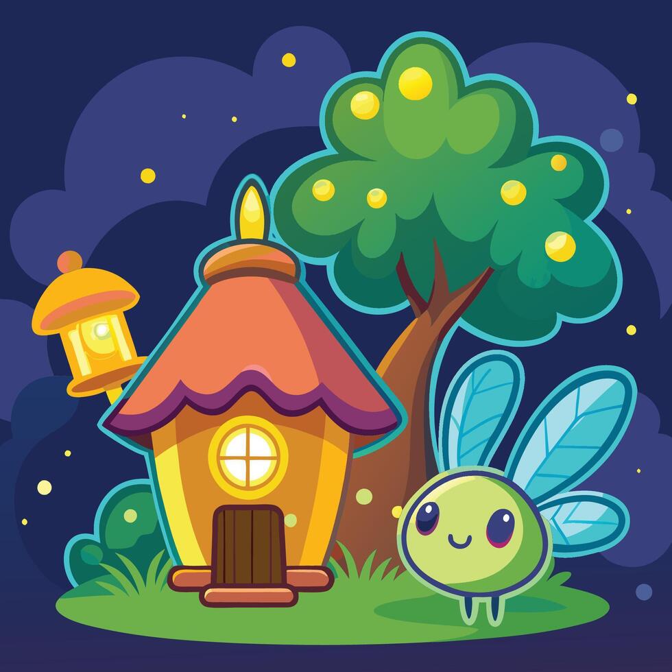 Cartoon Firefly Illumines Fairy House with Glowing Radiance vector