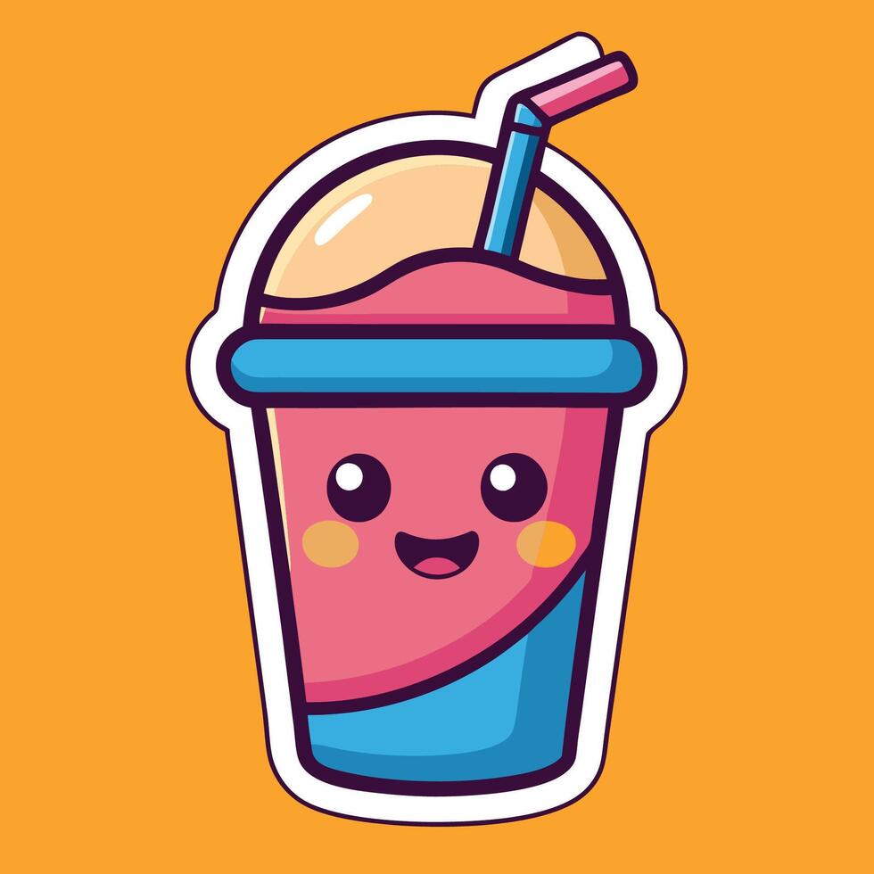 Cartoon Smoothie Cup Sticker with a Smiling Face and Straw vector