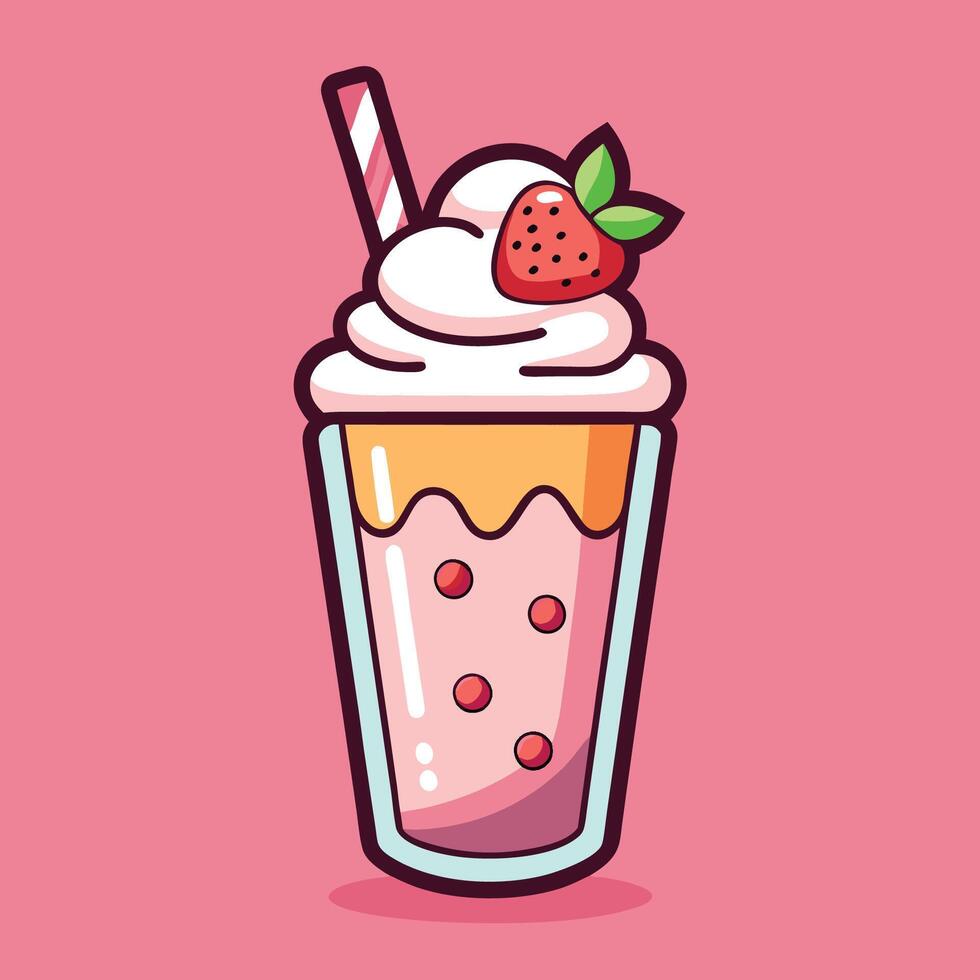 Cartoon Sticker of a Strawberry Milkshake with Whipped Cream and a Straw vector