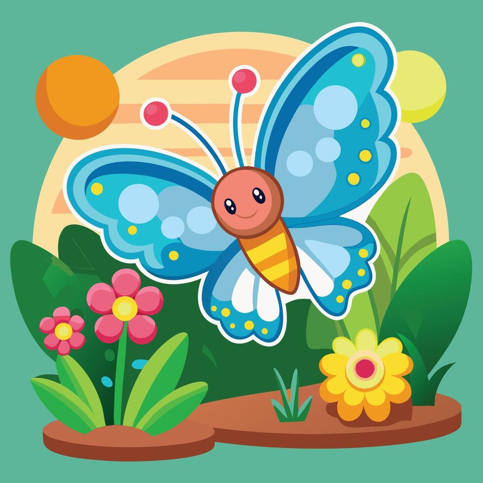 Whimsical Cartoon Butterfly Fluttering Gracefully over a Blooming Garden vector