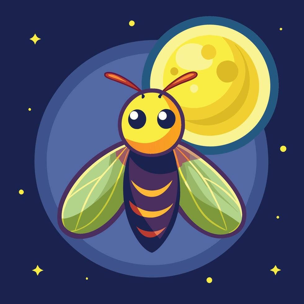Cartoon Firefly Illuminating the Night Sky Under a Full Moon vector