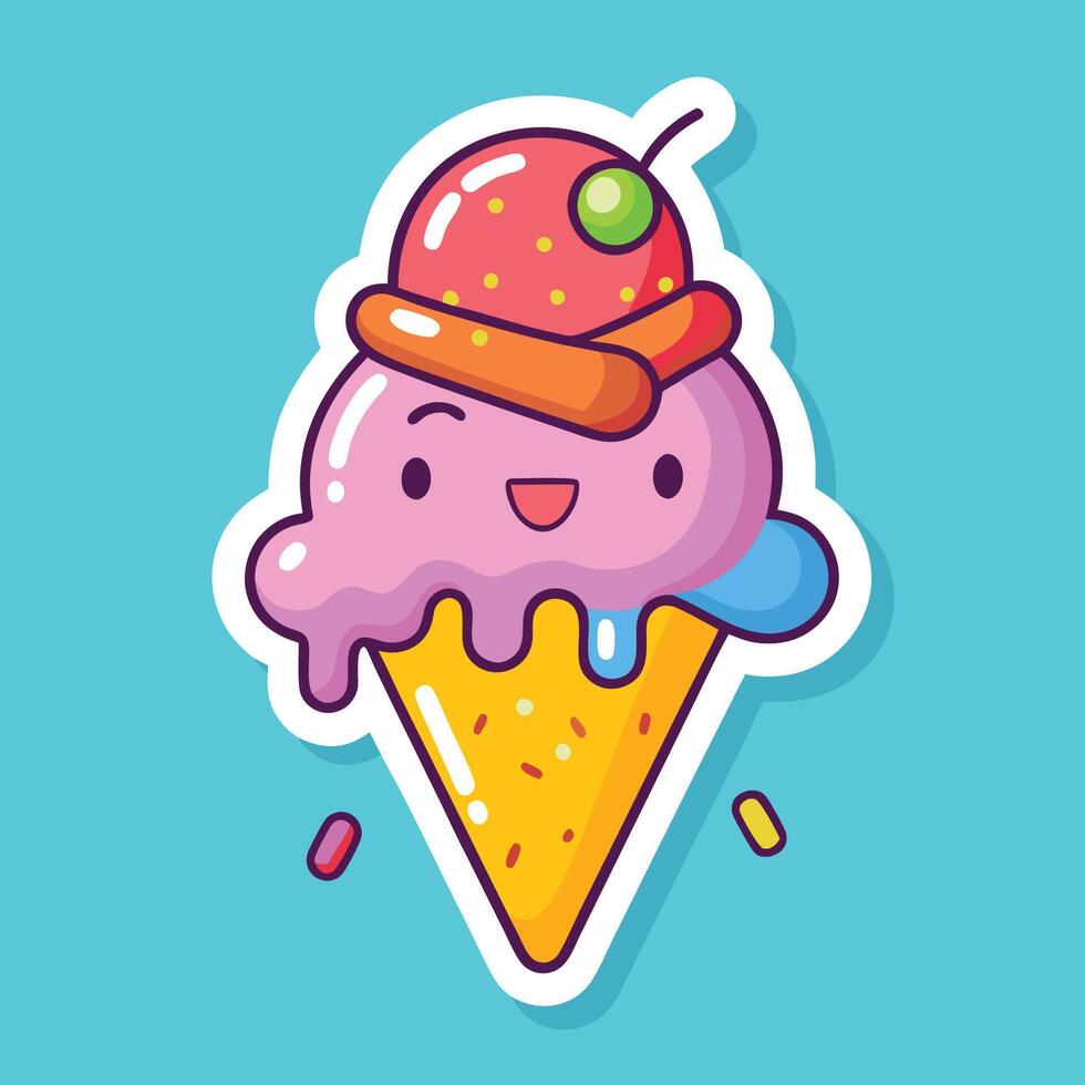 Cartoon Sticker of a Delightful Ice Cream Cone with Vibrant Sprinkles vector