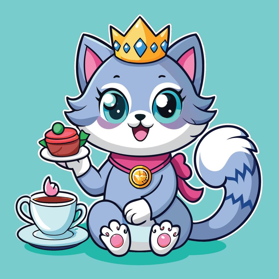 Playful Cartoon Kitten with a Crown in Cute Sticker Style vector