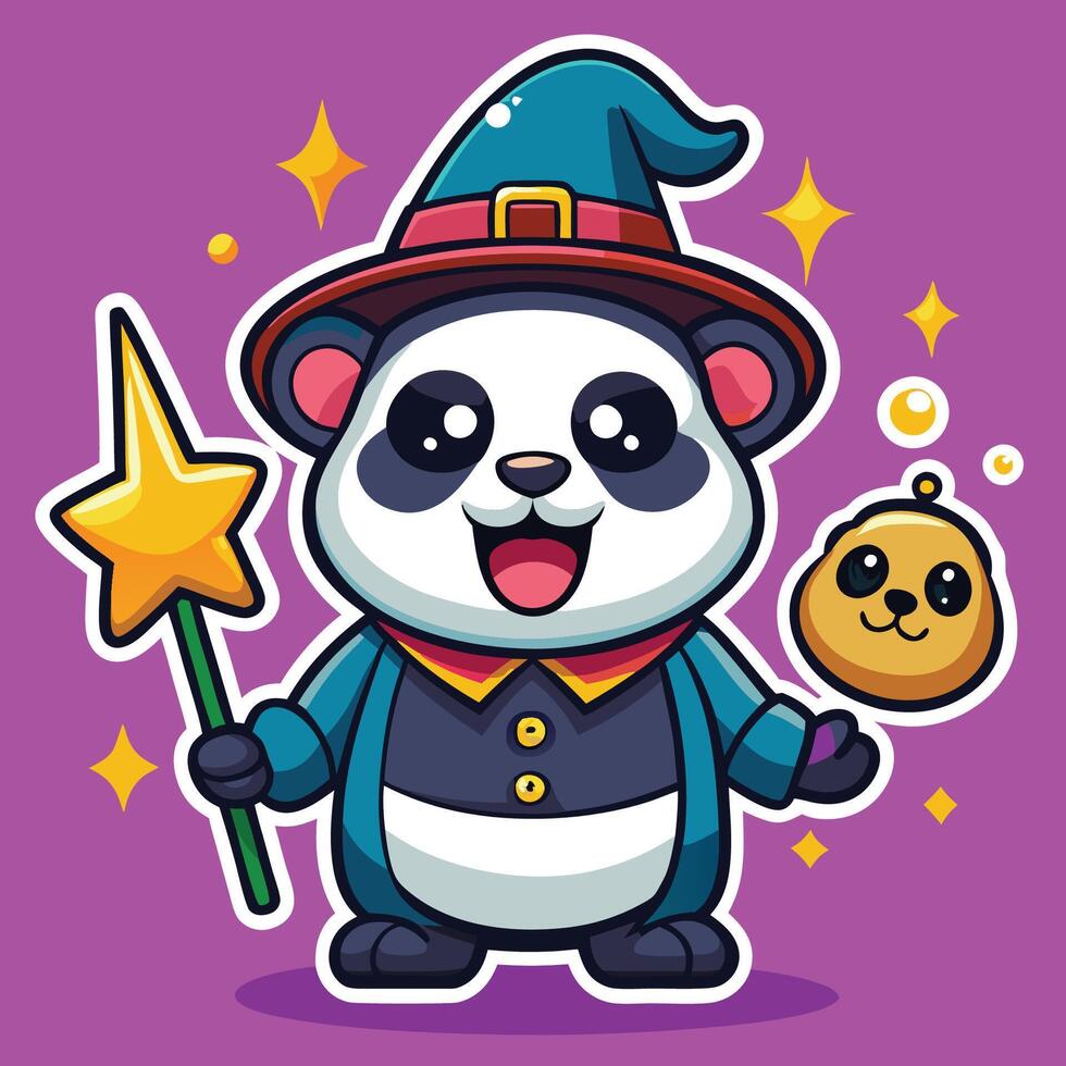 Adorable Cartoon Sticker of a Grinning Panda Wearing a Wizard s Hat vector