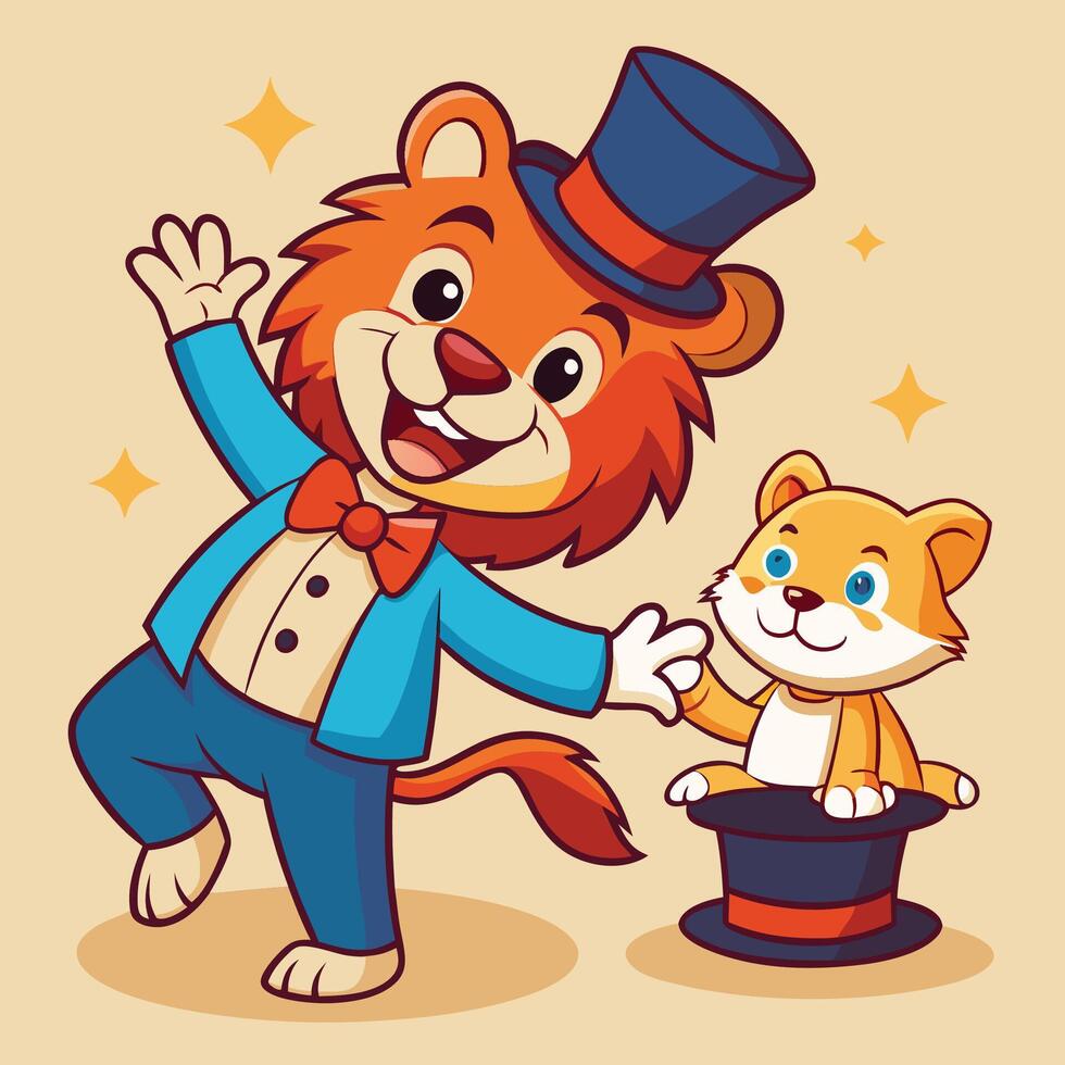 Playful Cartoon Lion Sticker with Magical Hat and Wand vector