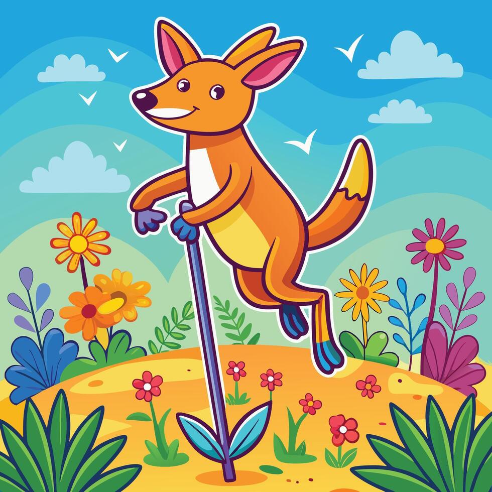 Playful Kangaroo Riding a Pog Sticker with Vibrant Cartoon Details vector
