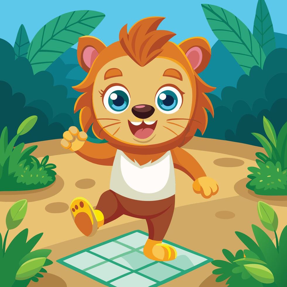 Playful Lion Cub Leaping with Exuberant Energy in Cartoonish Hops vector