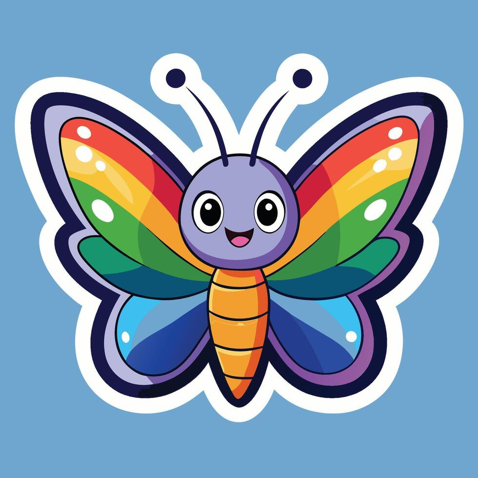 Vibrant Cartoon Sticker of a Butterfly with Rainbow Wings vector